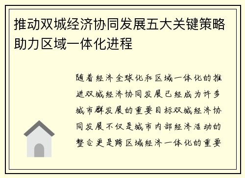 推动双城经济协同发展五大关键策略助力区域一体化进程